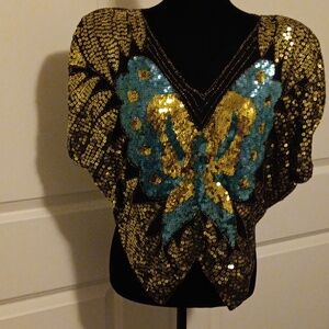 Vintage Black, Turquoise, and Gold Sequin Butterfly Crop Disco 80's Top.